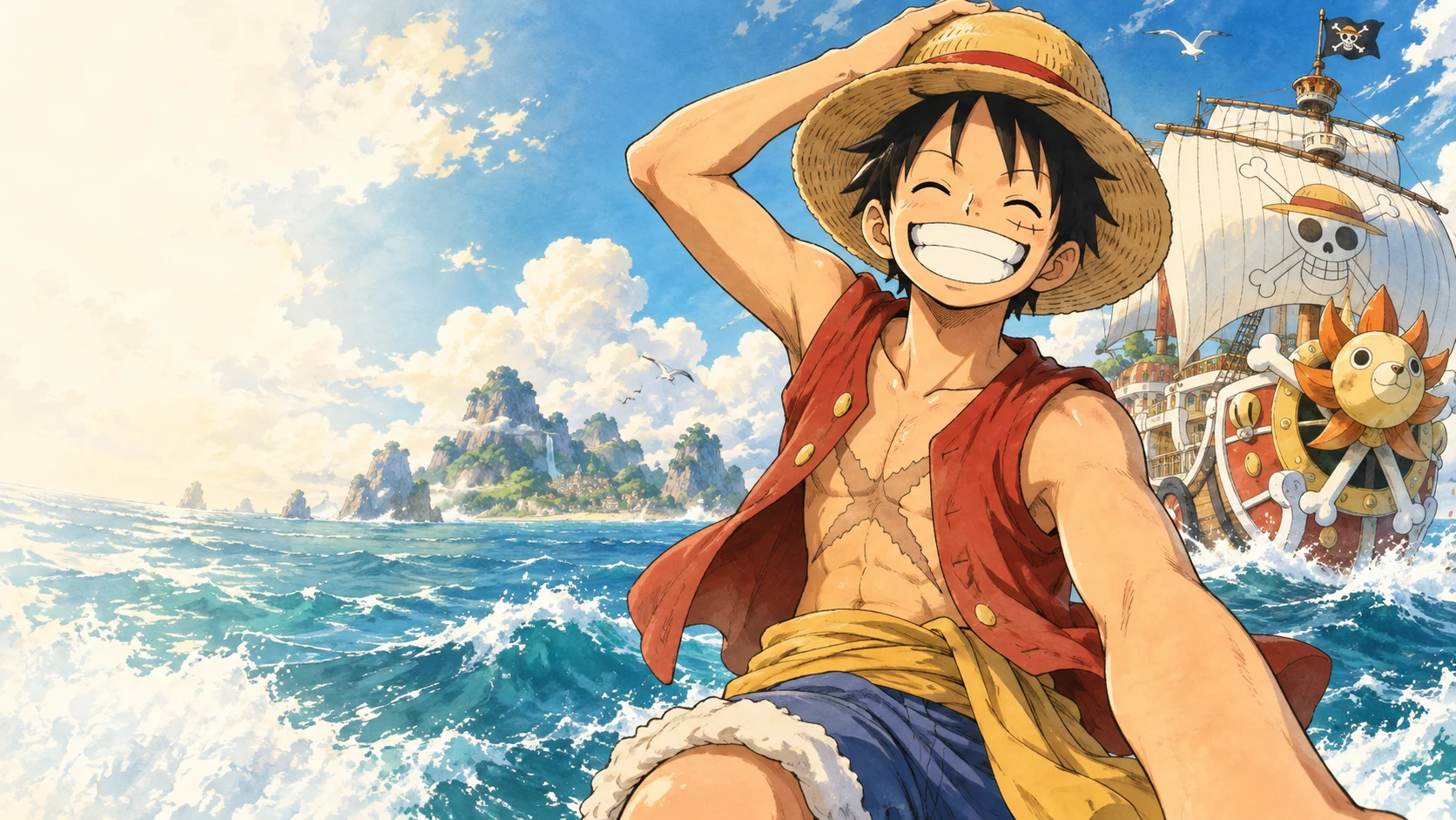 Ilustração de Luffy sorrindo ao lado do Thousand Sunny em um oceano azul